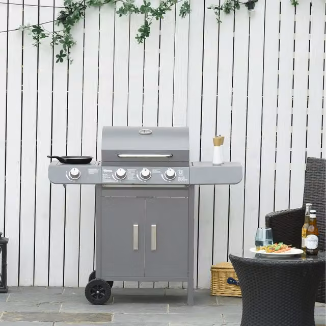 Outsunny Gas Burner Barbecue Grill with Thermometer in Grey