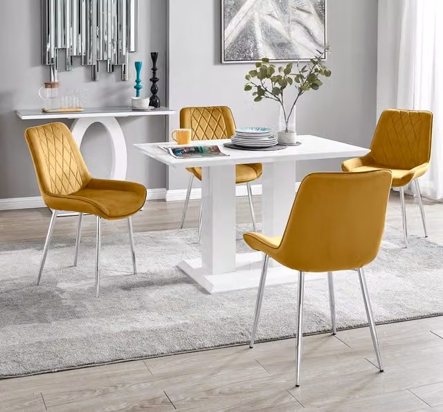 FurnitureboxUK Imperia 4 White Rectangular Dining Table and 4 Pesaro Mustard Upholstered Chairs with Silver Legs