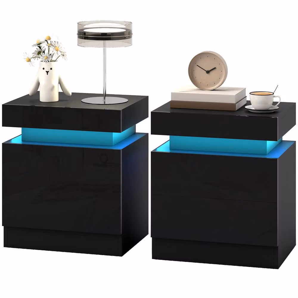 STILVORA Modern Black Glossy Bedside Table with Integrated LED Lighting and 2 Drawers – 5