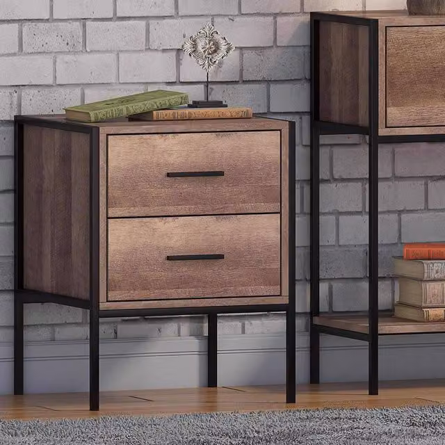 FWStyle Industrial Modern 2 Drawer Bedside Table in Urban Brown and Black