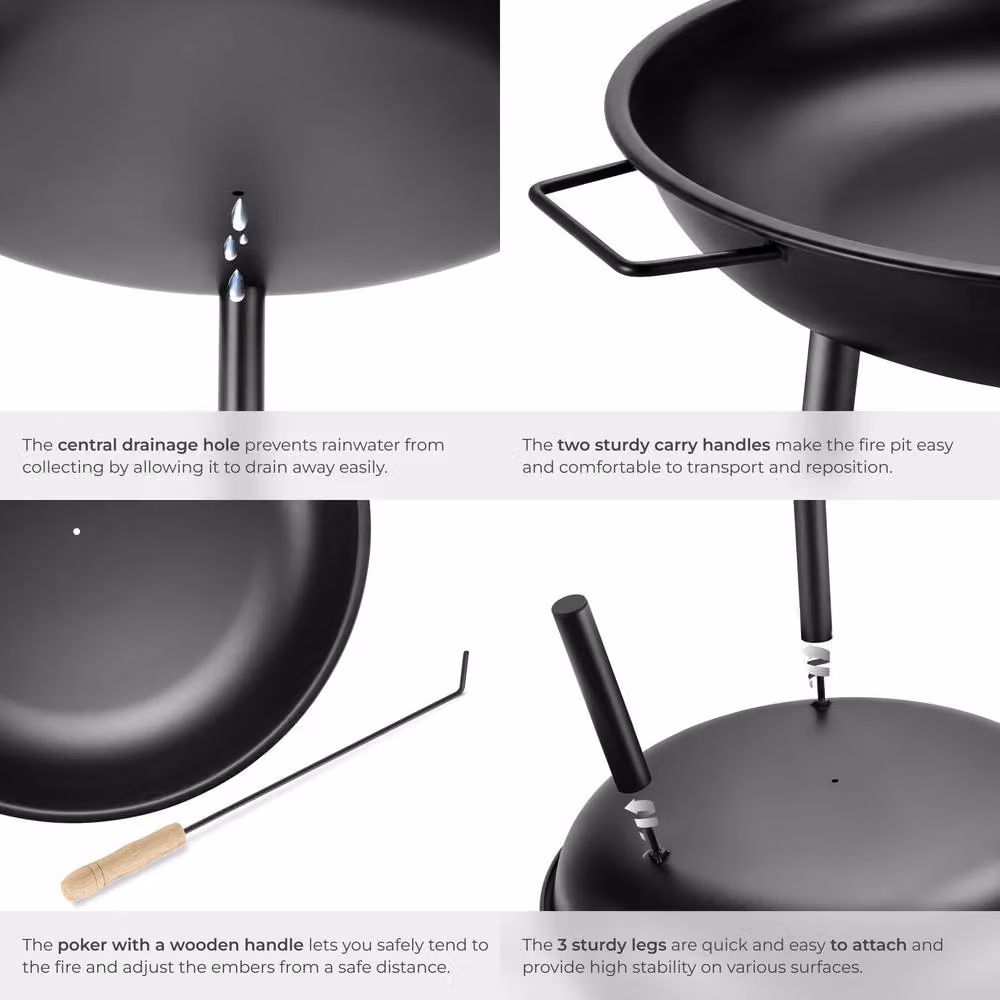 tectake Diablo Fire Pit Bowl in Black, Made of Heat-resistant Steel with Poker, W/D/H: 57.5 x 29.5 x 66.5 cm – 5
