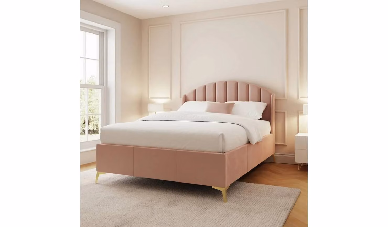 GFW Pettine Double Ottoman Bed in Blush Pink Velvet with Gold Accents, W/D/H: 140 x 200 x 122 cm