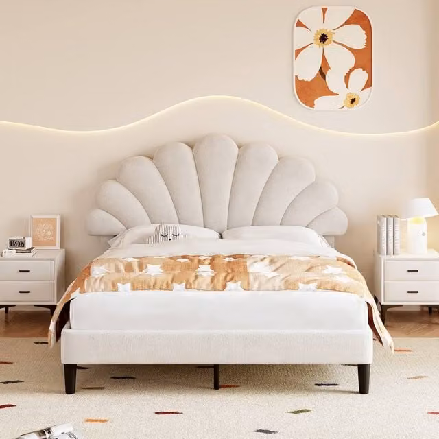 Rolipo Double Upholstered Velvet Bed Frame with Adjustable Headboard in Beige, W/D/H: 140 x 200 cm – 1