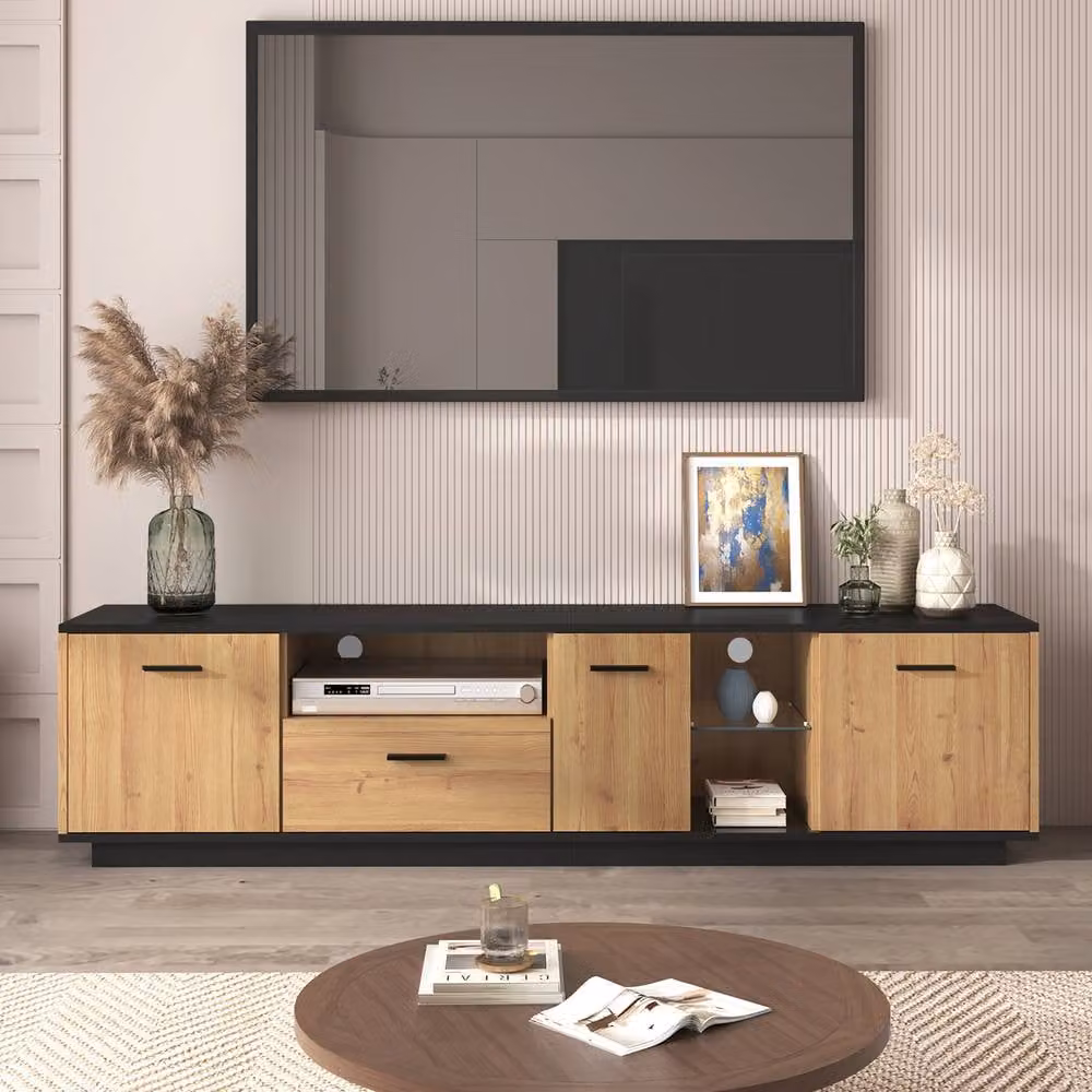 Matteo Retro TV Unit with LED Lights in Black and Wood Effect Finish – 2