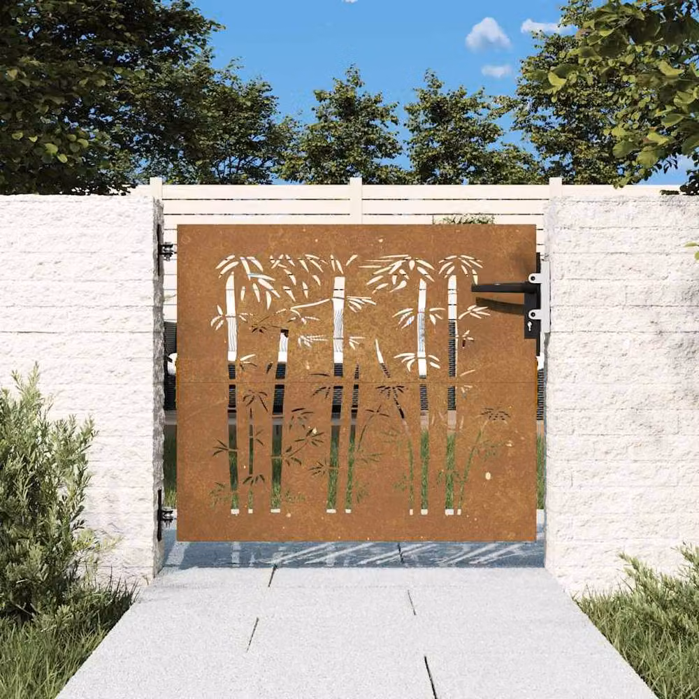 Berkfield Home Garden Gate in Brown Corten Steel with Bamboo Design, W: 85 cm, H: 75 cm – 2