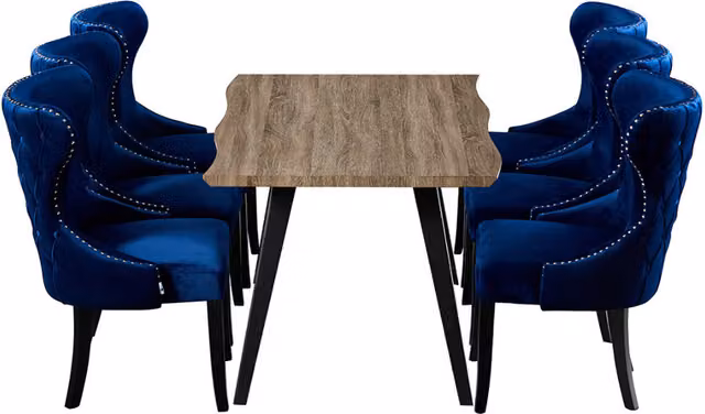 Life Interiors Mayfair Rocco LUX Dining Set with Rectangular Live Edge Wood Table and 6 Blue Velvet Chairs