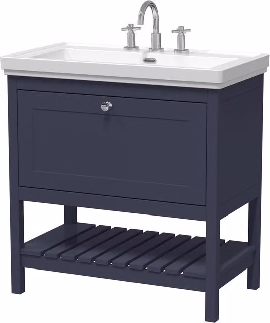 Balterley Blue Freestanding Bathroom Floor Vanity with 1 Drawer and 3 Tap Hole Fireclay Basin, W: 80 cm