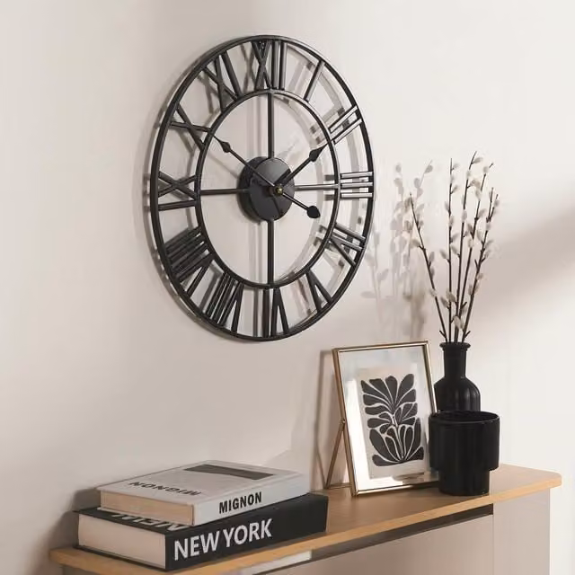 OHS Black Metal Industrial Round Roman Numerals Skeleton Wall Clock