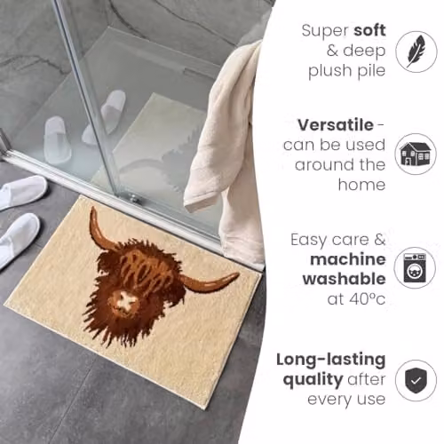 Allure Bath Fashions Highland Cow Microfibre Bath Mat in Beige and Brown, W/D/H: 80 x 50 x 1 cm – 9