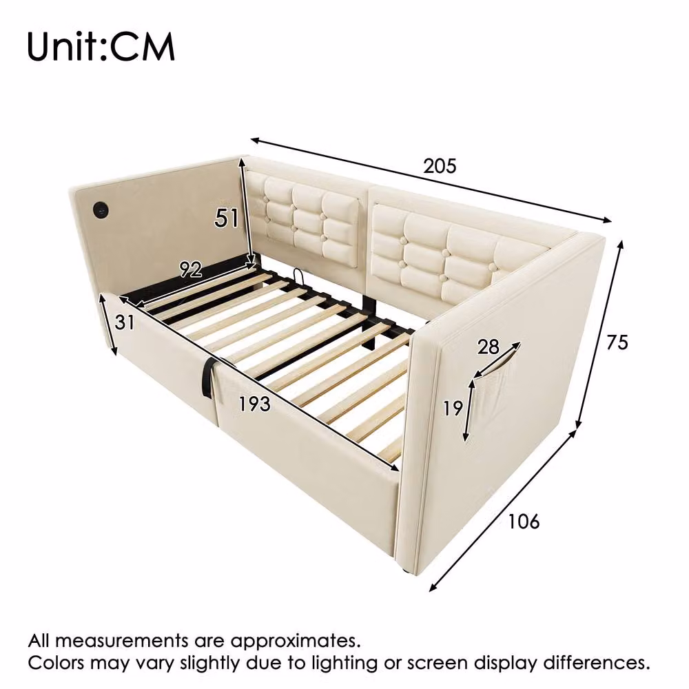 BTM Velvet Upholstered Daybed in Beige with USB Charging Port and Hydraulic Lift-Up Storage, W/D/H: 190 x 90 x 75 cm – 2