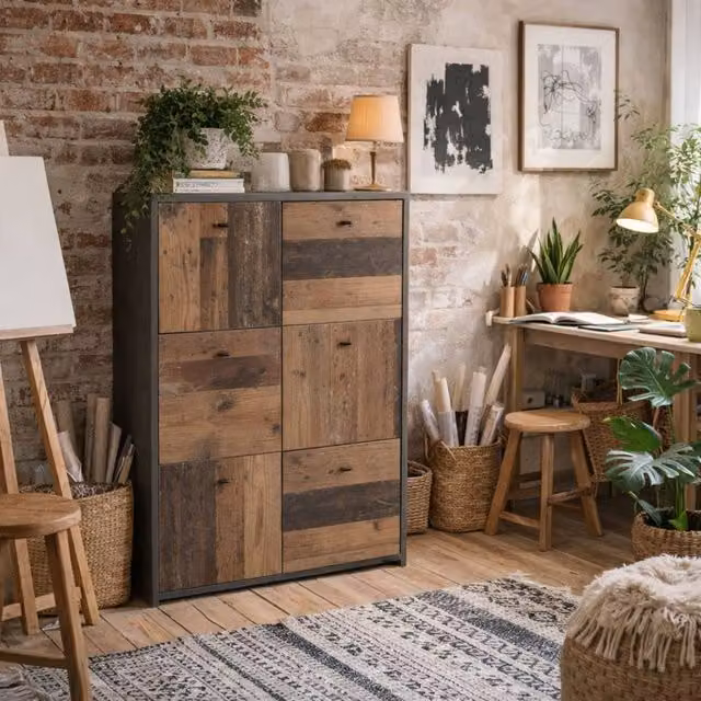 Wyld Haus Willowmere 6 Door Grey Wood Industrial Storage Cabinet W/H/D: 112.5 x 77.1 x 29.6 cm – 1