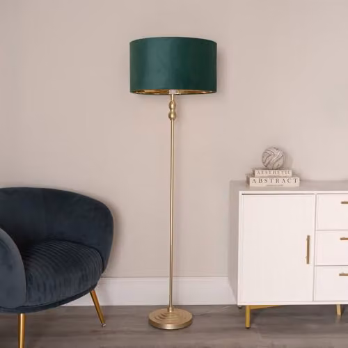 ValueLights Maggie Gold Metal Candlestick Floor Lamp with Green Velvet Shade and Warm White Bulb – 2