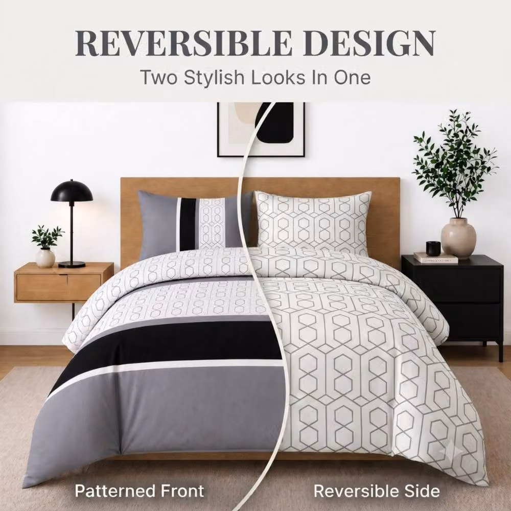 Pamposh Reversible Microfibre Duvet Cover Set in Grey and Black, Super King, 200 x 200 cm – 3
