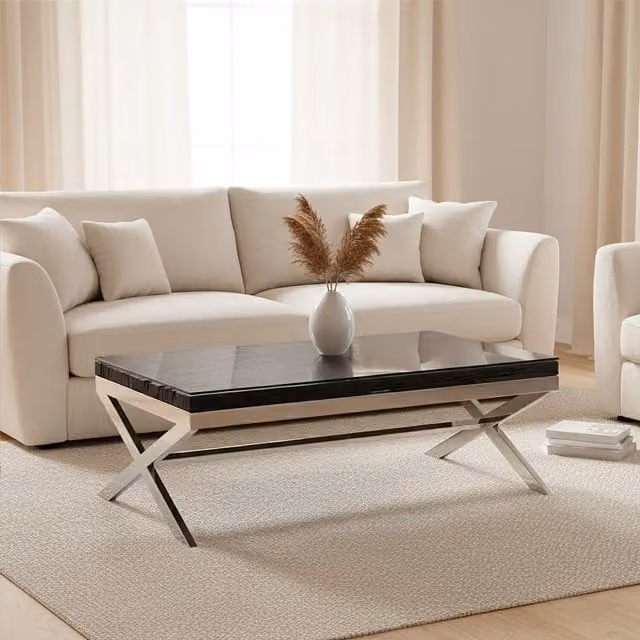 Orsina Rectangular Mango Wood Coffee Table with Glass Top and X-Frame Base in Black and Silver, W/D/H: 130 x 80 x 46 cm – 1
