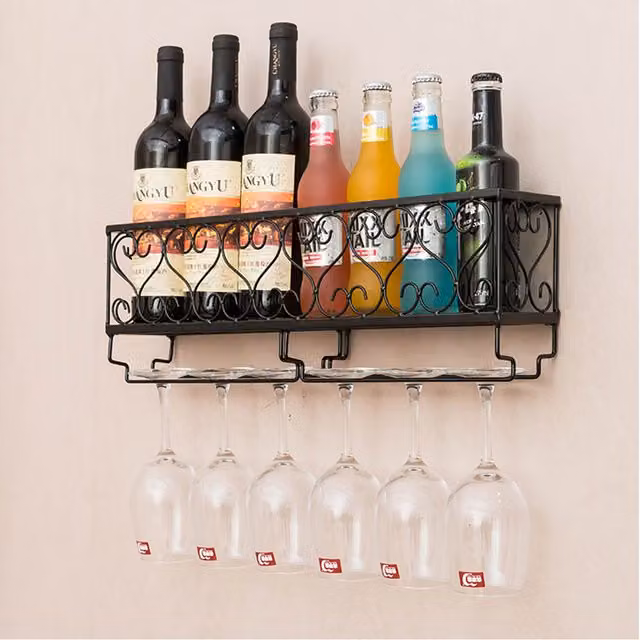 Livingandhome Retro Black Lacquered Metal Wall Mounted Hanging Stemware Holder