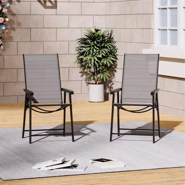 Livingandhome Set of 2 Black Modern Folding Garden Chairs with Armrests and Textilene Fabric