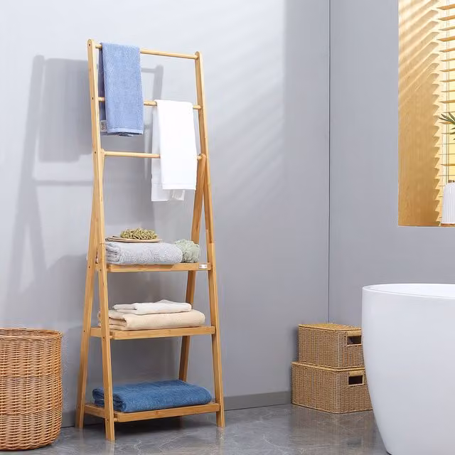 Kleankin Freestanding Foldable Bamboo Towel Rack with 3 Bars and Shelves in Light Brown