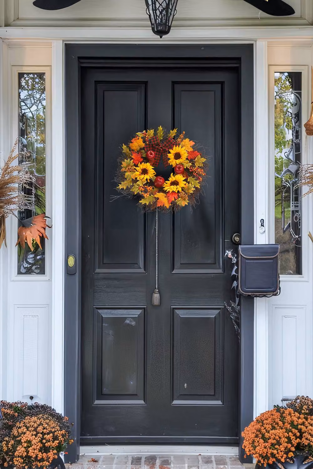 Garden Sanctuary Prelit Autumn Wreath with Artificial Maple Leaves and Sunflowers in Orange – 2