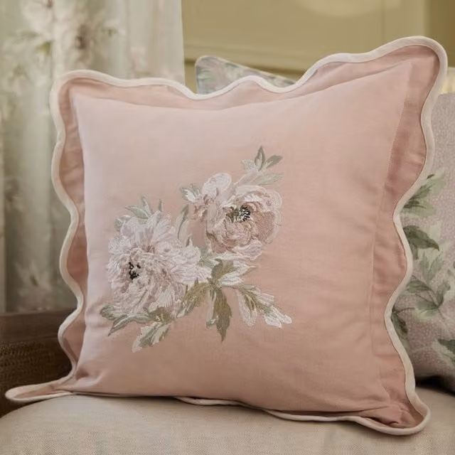 Sanderson Adele Rose Floral Embroidered Cotton Filled Square Cushion, Pink, W/D/H: 45 x 45 x 45 cm