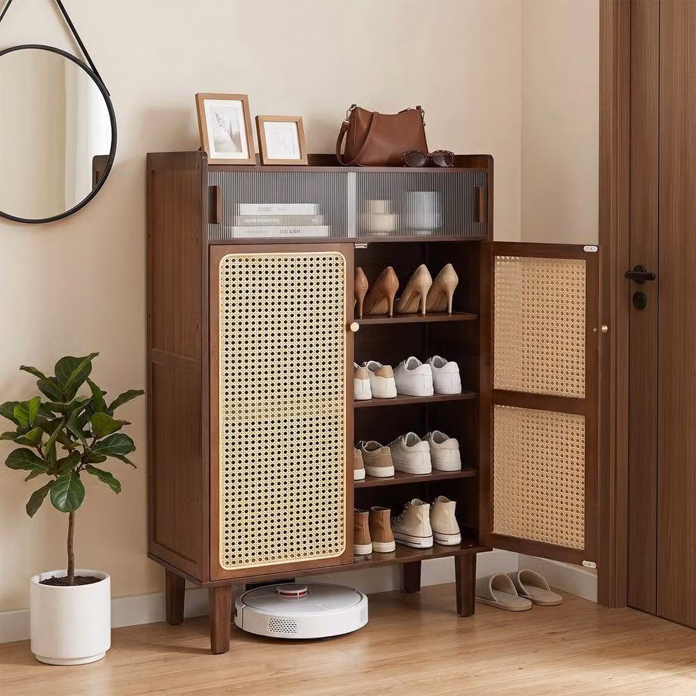 SPETLEK Wooden Shoe Storage Cabinet in Brown Walnut with Rattan Sliding Doors and Internal Shelves – 3