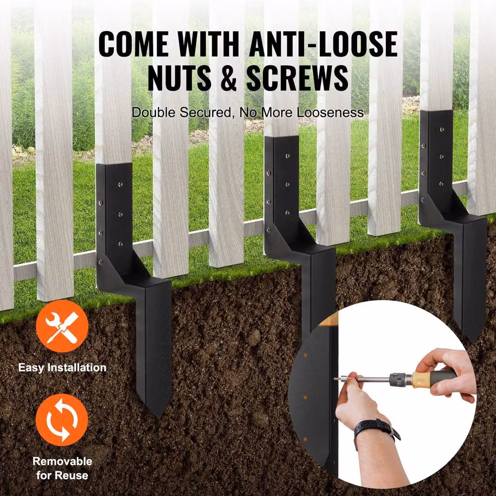 VEVOR Heavy Duty Steel Fence Post Anchor Kit, Black, 6 Pack – 8