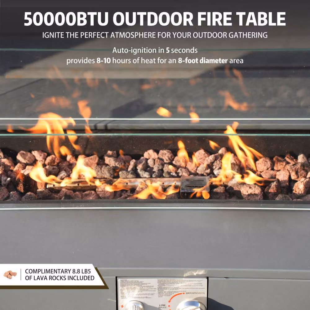 MIMO Outdoor Rectangular Gas Fire Pit Table with Multi-Use Side Table in Grey – 2