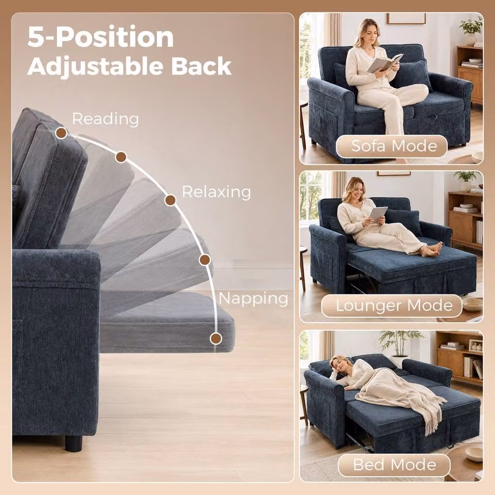 HOMCOM 2 Seater 3-in-1 Convertible Pull Out Sofa Bed in Dark Blue Chenille Fabric – 5