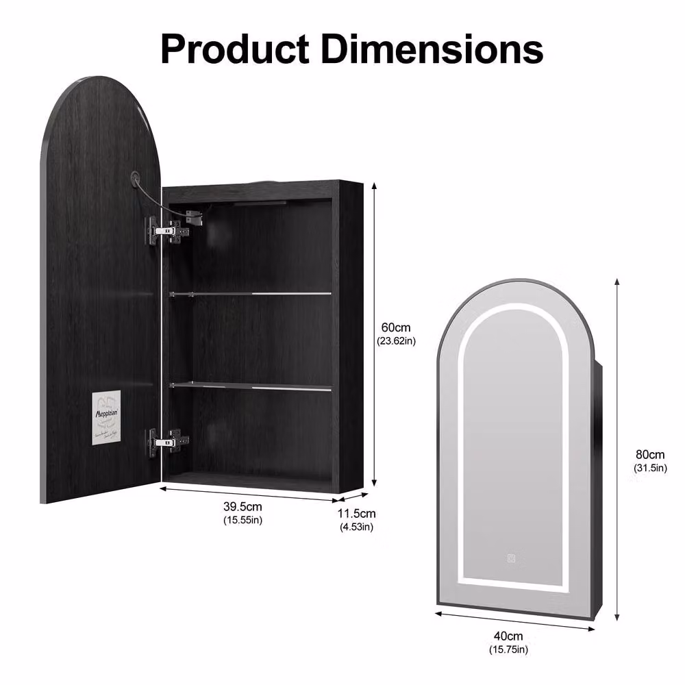 KEEPREAPER Arched Black LED Bathroom Mirror Cabinet with Shaver Socket and 2 Internal Shelves, W/H: 40 x 80 cm – 2