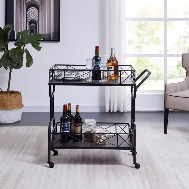 Mona Vale Furniture Industrial 2-Tier Metal Bar Cart with Castors in Grey and Black