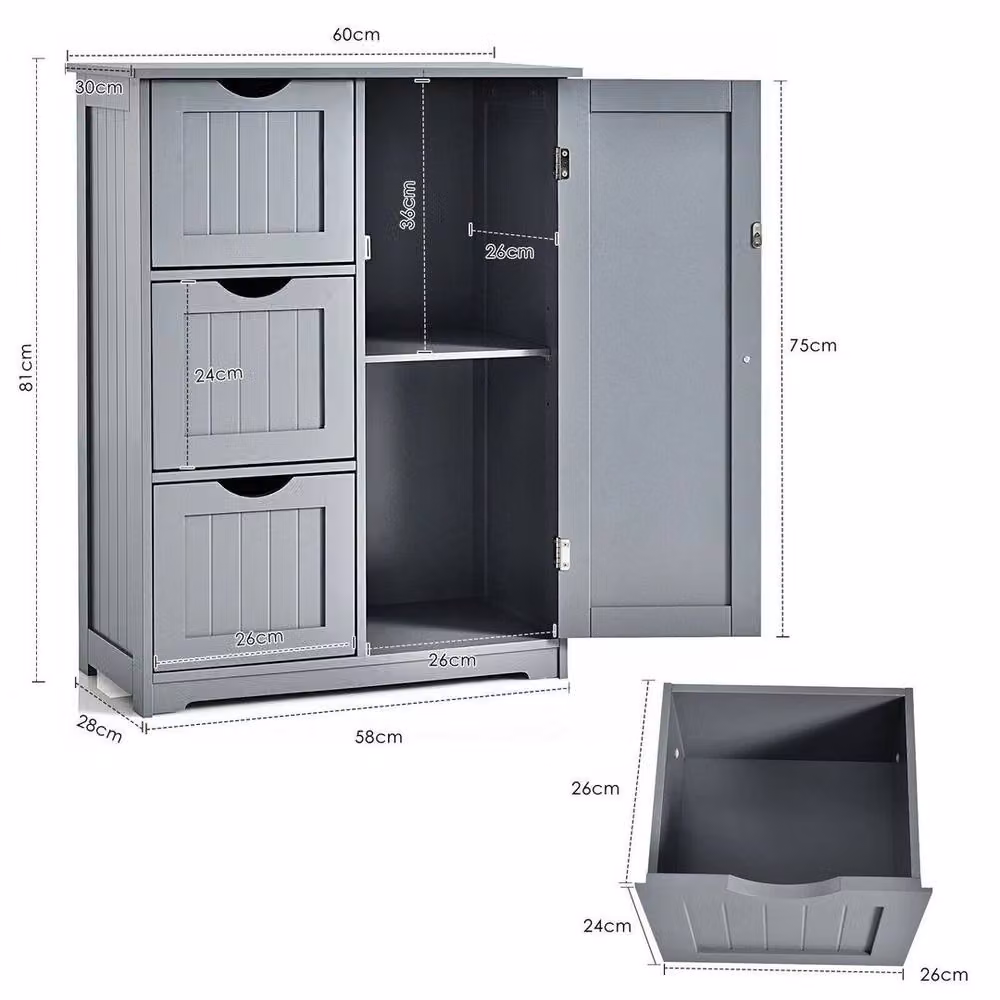 EONLION Grey Modern Freestanding Bathroom Floor Cabinet with Internal Drawers and Shelves – 2