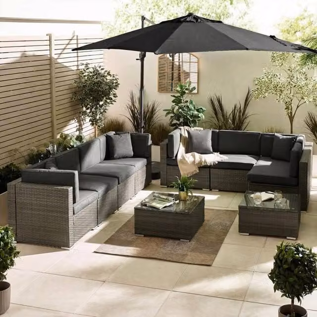 FurnitureboxUK Orlando 8 Seat Modular Outdoor Garden Rattan Sofa Set in Grey with Upholstered Cushions and Coffee Table