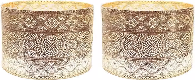 ValueLights Casablanca Pair of Gold Easy Fit Drum Lamp Shades and LED Bulbs