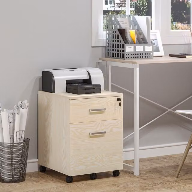 Vinsetto 2-Drawer Locking Rolling Office Filing Cabinet with Castors in Light Brown – 1
