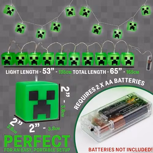 HALANTEX Minecraft Creeper LED String Lights in Green, Battery Operated 3D Cube Fairy Lights – 6