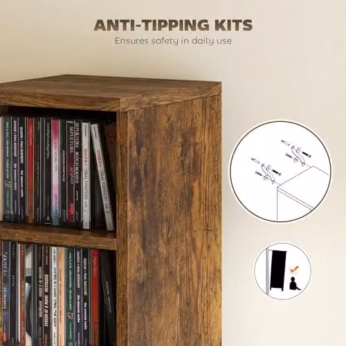 HOMCOM Set of 2 Rustic Brown CD and DVD Storage Tower Racks with Adjustable Shelves – 5