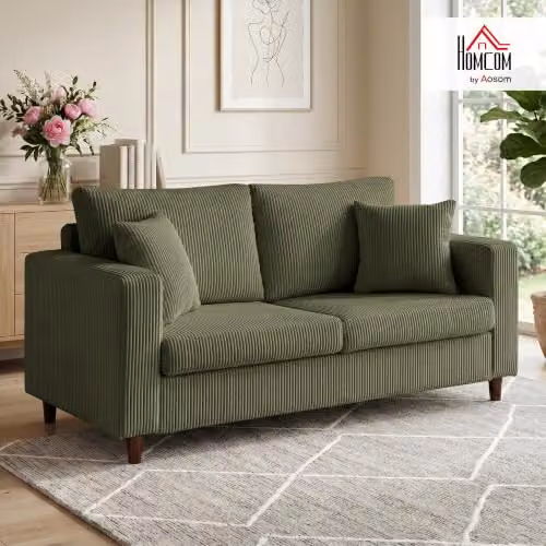 HOMCOM 2 Seater Corduroy Upholstered Loveseat Sofa in Green, W: 170 cm, H: 82 cm, D: 80 cm – 2