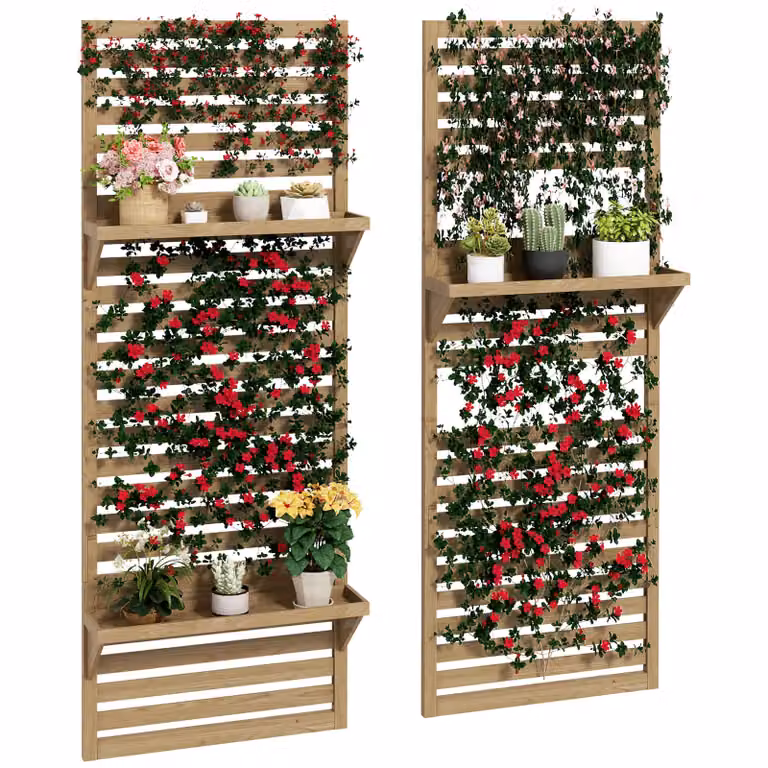 OUTSUNNY Set of 2 Wall Mounted Wooden Plant Stands with Shelves and Slatted Trellis in Sand/Brown