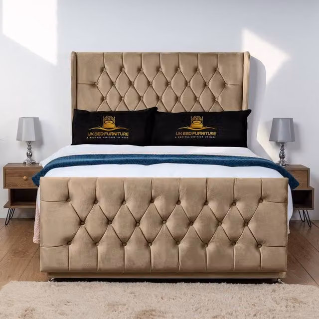 UK Bed Furniture Balamore Wingback Divan Bed Base with 54 Inch Headboard in Beige, Super King, W/D: 200 x 200 cm