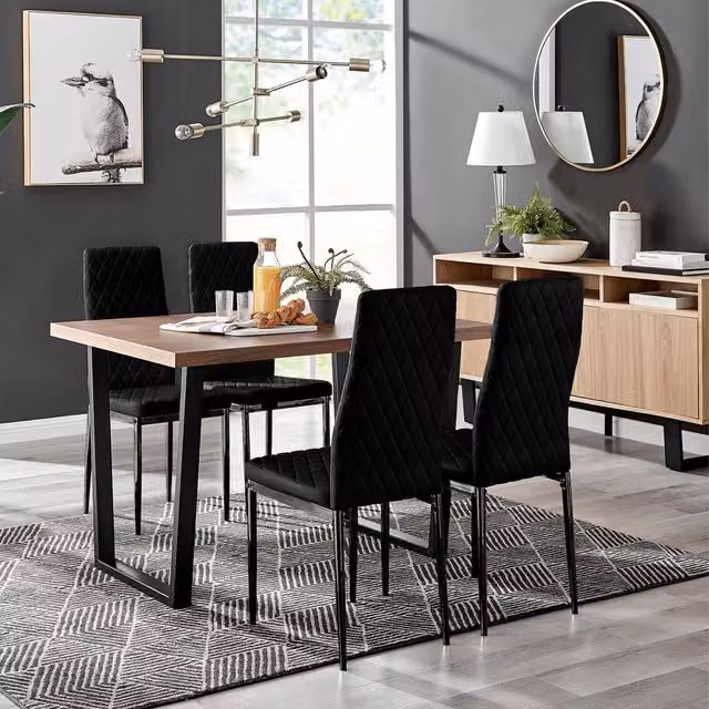 FurnitureboxUK Kylo Brown Wood Effect Dining Table and 4 Black Velvet Milan Chairs