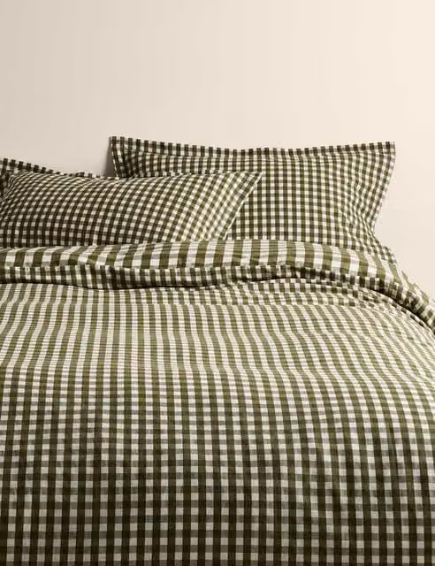 M&S Pure Cotton Green Gingham Reversible Single Bedding Set