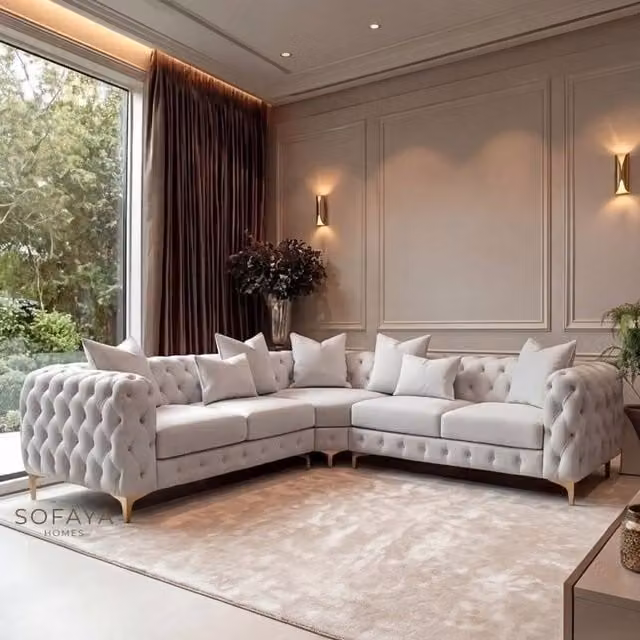 Sofaya Monaco Chesterfield 5 Seater Corner Sofa in Light Grey Velvet with Left Facing Chaise, W: 220 cm, D: 70 cm