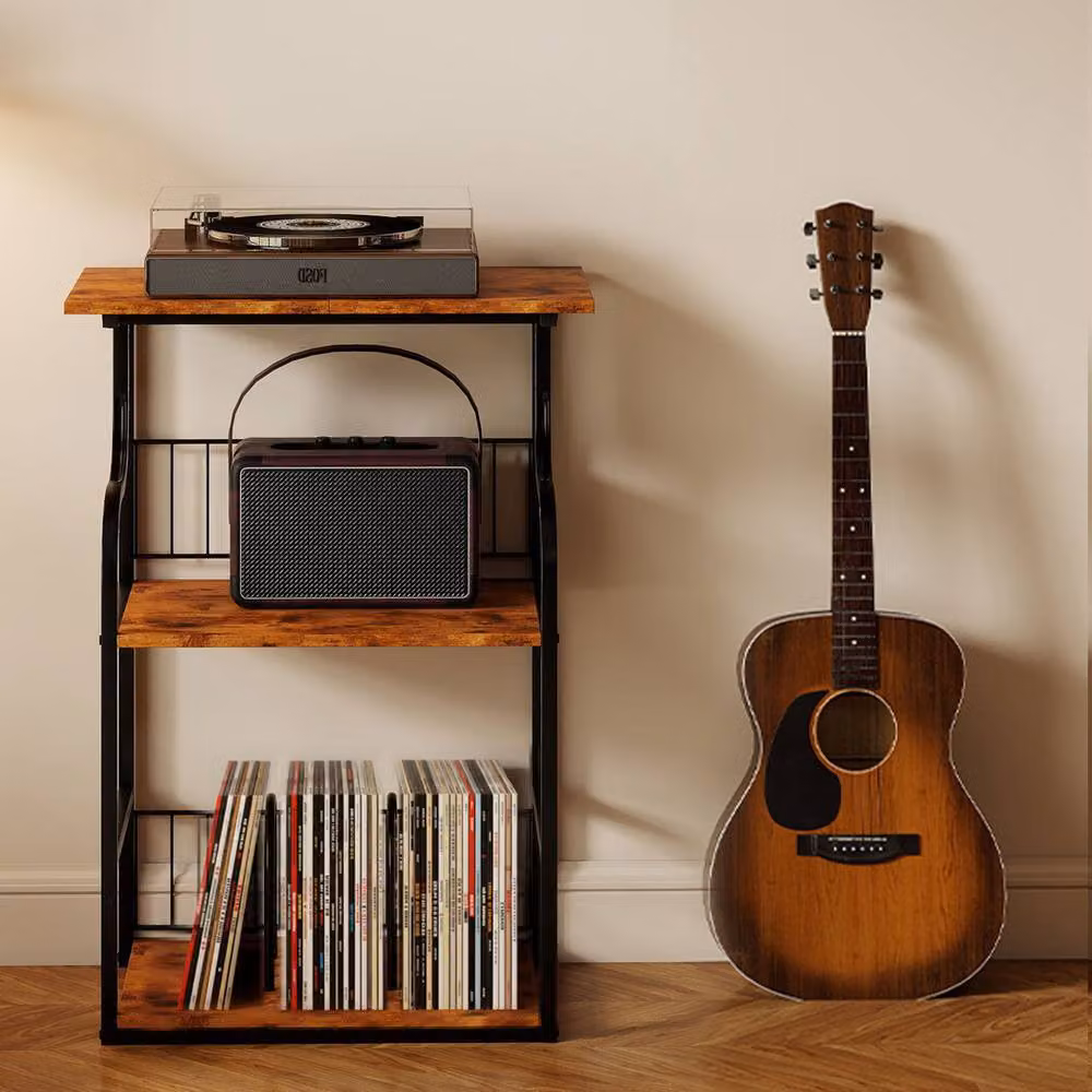 Levede 3-Tier Vintage Record Player Stand and Vinyl Storage Side Table in Brown and Black, W/D/H: 50 x 30 x 74 cm – 2