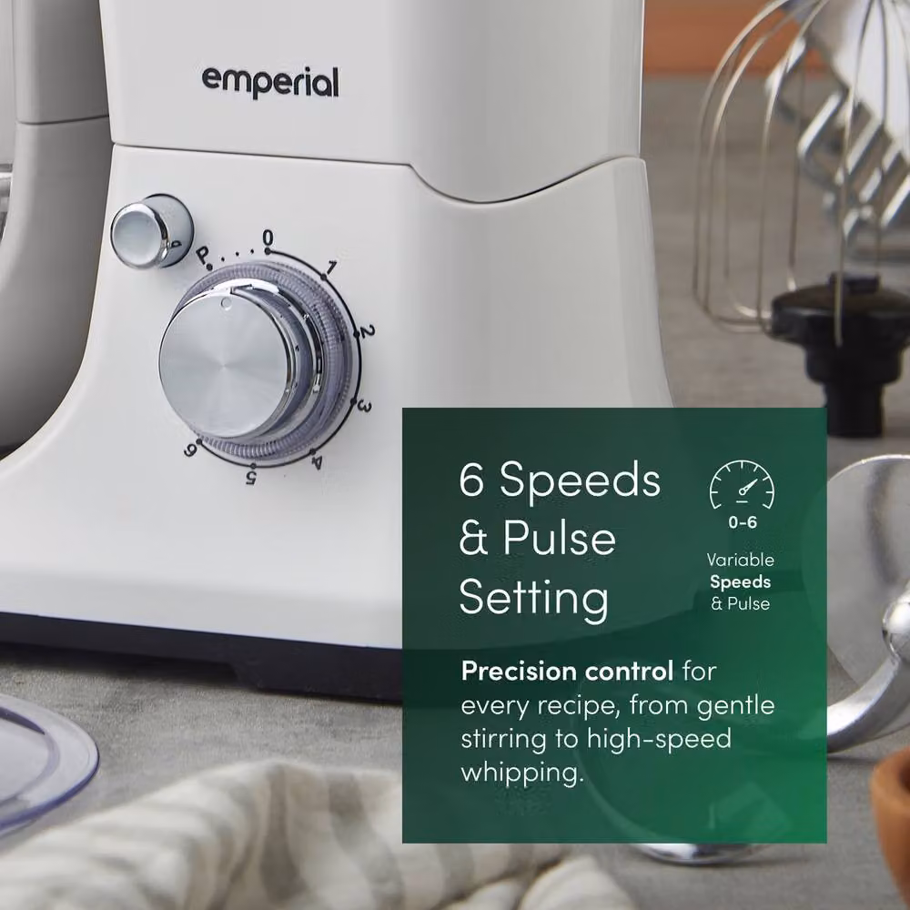 Emperial 5L Stand Mixer in White with 6 Speeds, Dough Hook, Whisk and Beater – 5