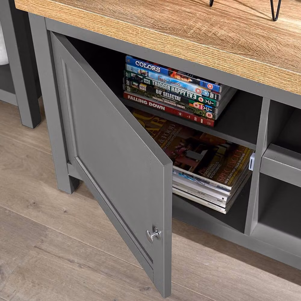 Home Source Modern 2 Door TV Stand Unit with Storage Cabinet and Open Shelving in Matt Dark Grey – 3
