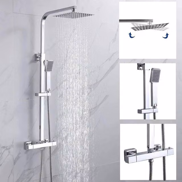 EONLION Twin Head Brass Shower Mixer in Silver Chrome with Thermostat and Safety Stop – 1