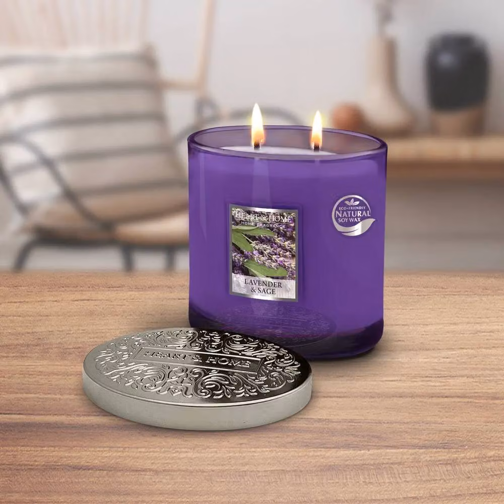 Heart and Home Lavender and Sage Twin Wick Ellipse Soy Wax Candle in Purple – 3