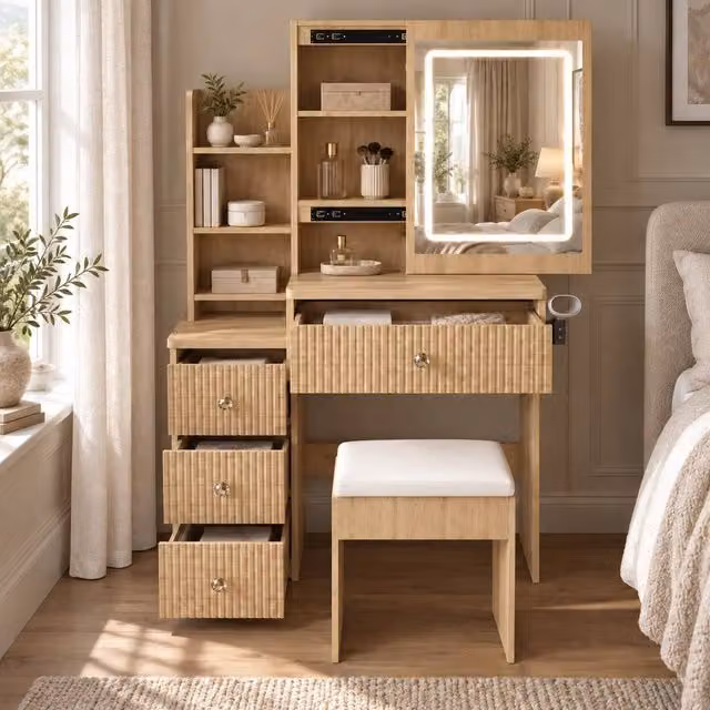 AKI HAUS Brown 4-Drawer Dressing Table with LED Mirror and Stool