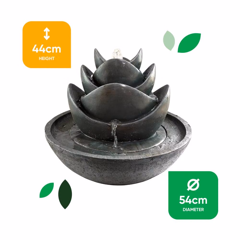 Gardenwize Solar 3 Tier Lotus Water Feature with Warm White LED Lights and Battery Backup in Grey, W/D/H: 44 x 54 x 54 cm – 2