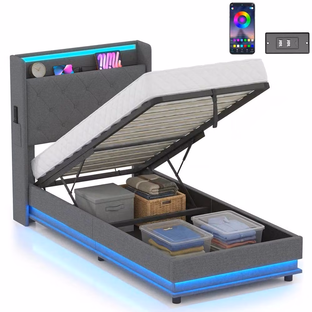 HOMCOM Single Lift Up Storage Bed Frame with RGB LED Lights and USB Charging Port, Dark Grey – 2