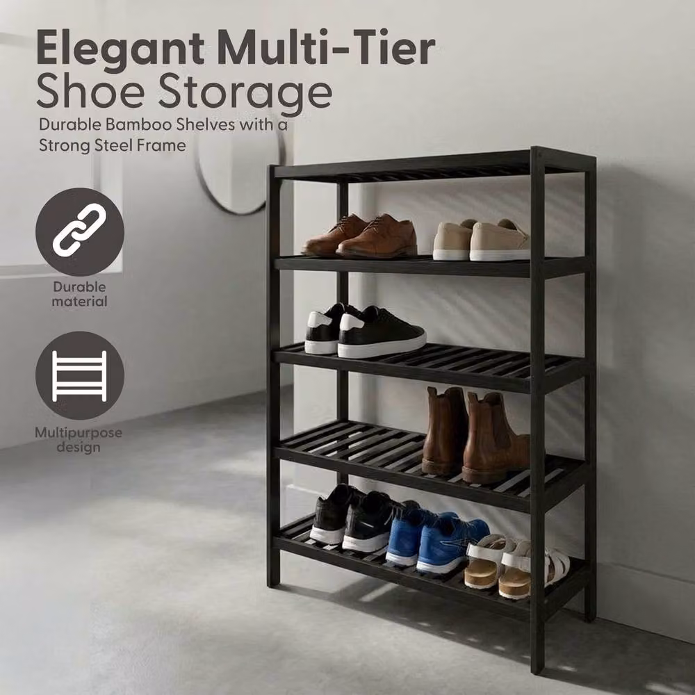 Keplin 5-Tier Bamboo Shoe Rack in Black, W/D/H: 95 x 70 x 24.5 cm – 2